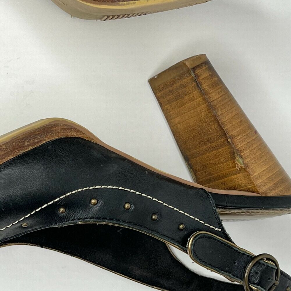 Seychelles Size 7 Singback Open Toe‎ Black Leather Wood Block Heel Studded - Picture 6 of 11